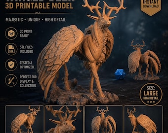 Puede incluir: Un modelo imprimible en 3D de un ciervo alado con grandes astas, sobre una base rocosa. El conjunto de archivos digitales incluye formatos STL, OBJ y 3MF. El gráfico muestra el texto WINGED DEER 3D PRINTABLE MODEL y SIZE: LARGE.