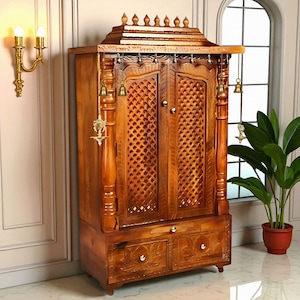 Wooden Pooja Mandir with Lattice Doors, Bells & Storage Drawers - Traditional Temple Cabinet