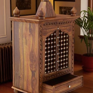 Handcrafted Wooden Temple Cabinet: Traditional Pooja Ghar Mandir with Carved Details