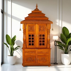 Handcrafted Wooden Temple Cabinet: Traditional Carved Pooja Mandir