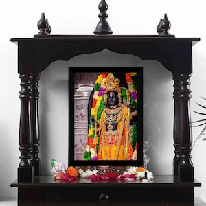 Wooden Temple, Shrine, with Decorative Pillars, Black Finish,  Handicraft Puja Mandir,  Traditional Design, pooja ghar, Home Pooja Mandir