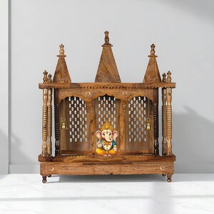 Handcrafted Wooden Temple: Intricate Carvings, Home Pooja Ghar with Lights