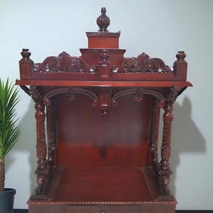 Handcrafted Mahogany Wooden Temple Mandir: Pooja Altar with Storage, Lights