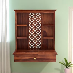 Wooden Temple, Wall-Mounted Shelf, with Lattice Design, Dark Brown, Traditional Mandir, 6 Storage Compartments, Pooja Mandir, Home Mandir.