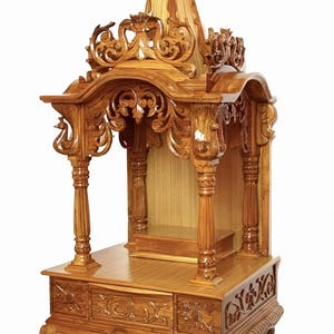 Wooden Temple Altar with Carved Pillars, Traditional Mandir with Storage Drawers, Temple, Mandir, Prayer house, Shrines, Home Temples.