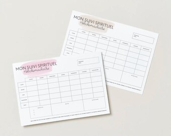 May include: Two white weekly spiritual tracking sheets with grid layouts. The top sheet has the text "MON SUIVI SPIRITUEL Hebdomadaire" in pink and black. The bottom sheet has the same text. Both sheets have spaces for daily entries.