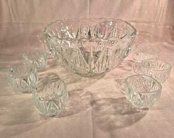 Vintage Hazel Atlas Punch Bowl-1960s-Williamsport Pattern-6 Cups with Hooks