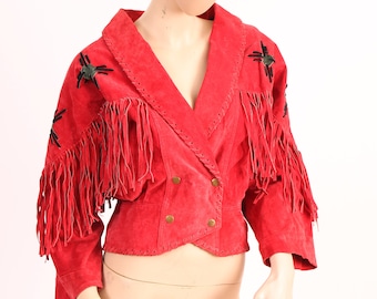 Vintage 80's Red Fringed Leather Moto Jacket Small Women's Motorcycle Coat Learsi