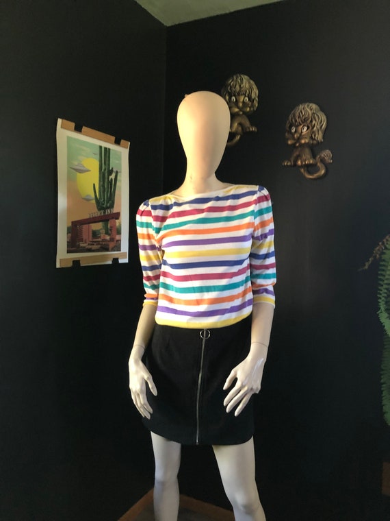 80's Vintage Rainbow Striped Boatneck Shirt Size M