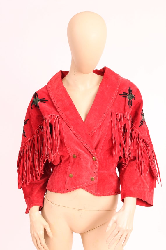 Vintage 80's Red Fringed Leather Moto Jacket Smal… - image 2