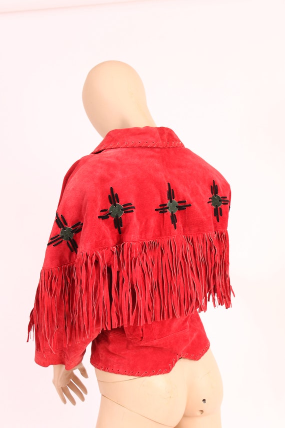 Vintage 80's Red Fringed Leather Moto Jacket Smal… - image 5