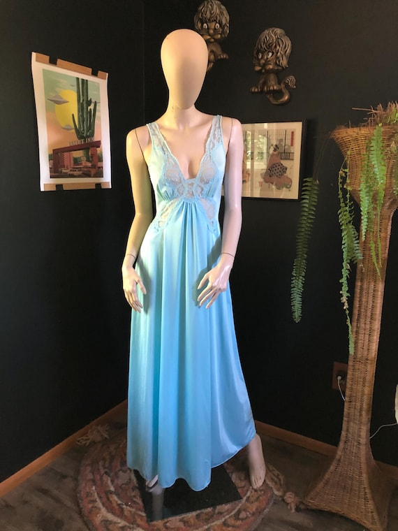1970's Vintage Olga Baby Blue Bodysilk Nightgown Size M Pinup Hollywood Glam Lingerie Retro Bridal