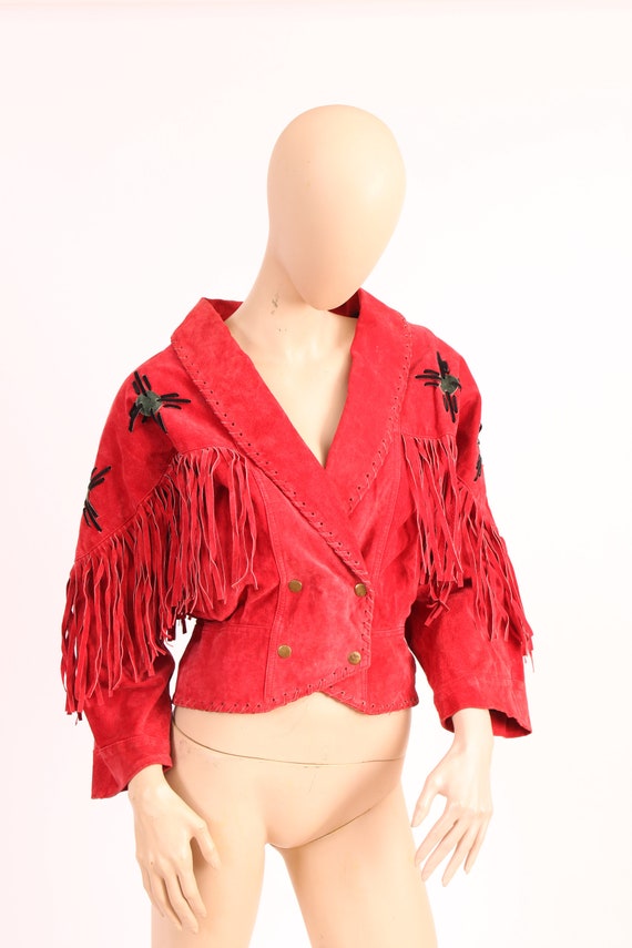 Vintage 80's Red Fringed Leather Moto Jacket Smal… - image 1