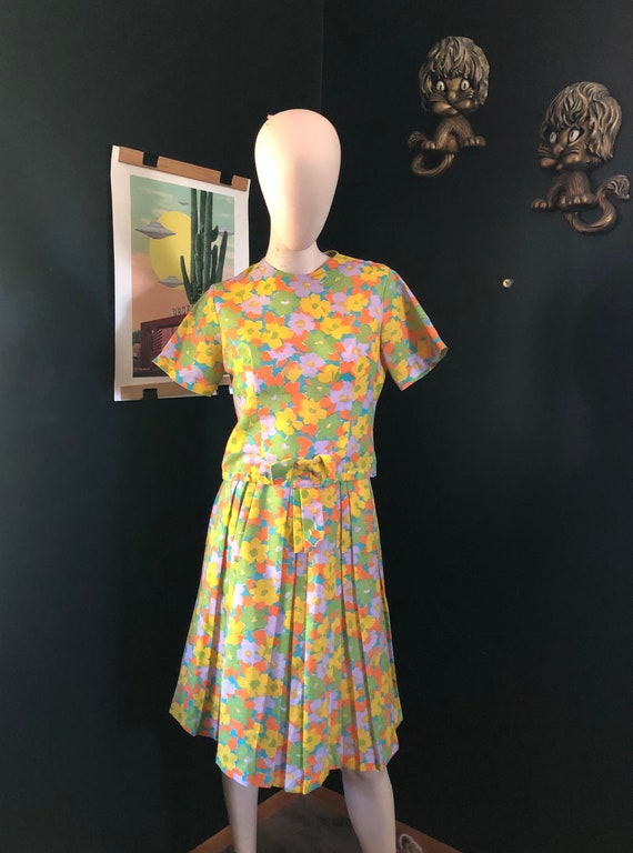 Vintage 60's Floral Psychedelic Top and Skirt Set Handmade Size Small