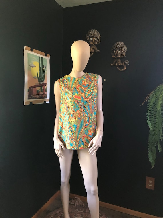 Psychedelic 70's Handmade Neon Paisley Hippie Sleeveless Blouse Size L