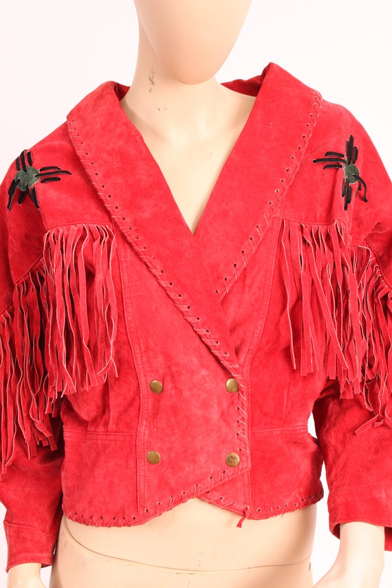 Vintage 80's Red Fringed Leather Moto Jacket Smal… - image 9