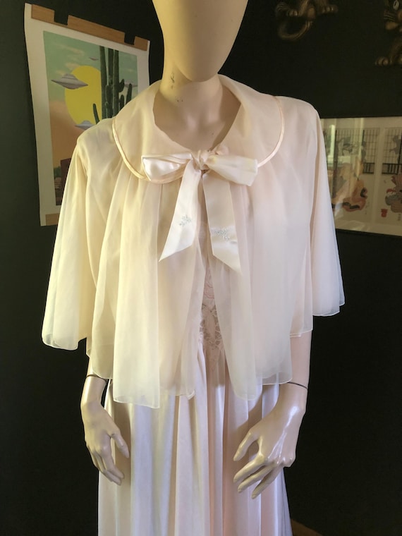 Vintage Olga Floral Applique Nightgown and Cape Set 1970's Glam Bridal Pinup Size Large