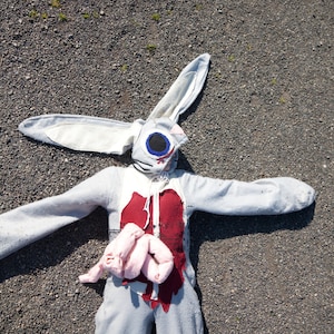 May include: A gray bunny costume with long ears, a stitched-on face, and a red, blood-like stain on the chest. The costume has a zipper and a pink, stuffed organ-like shape attached. The costume is lying on a gravel surface.