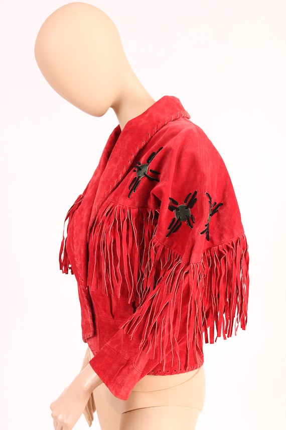 Vintage 80's Red Fringed Leather Moto Jacket Smal… - image 7