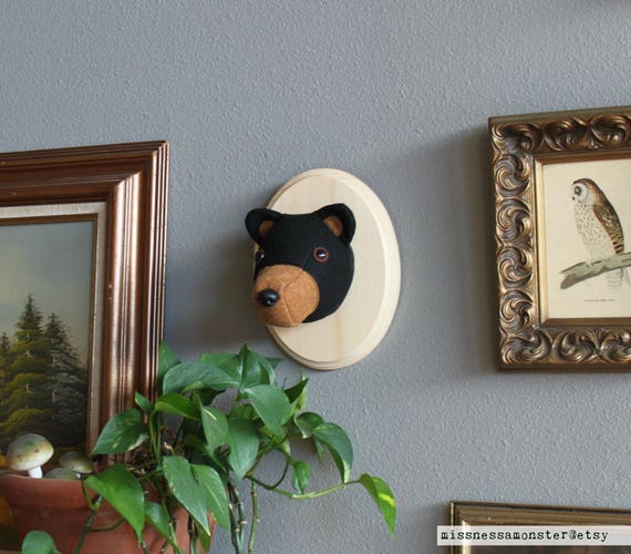 Friendly Black Bear Stuffed Animal Wall Mounted Head Vegan Taxidermy Nursery Decor