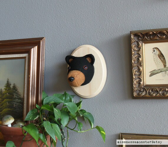 Friendly Black Bear Stuffed Animal Wall Mounted Head Vegan Taxidermy Nursery Decor