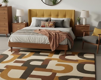 Hand-Tufted Geometric Rug | Retro Earth Tone Area Carpet