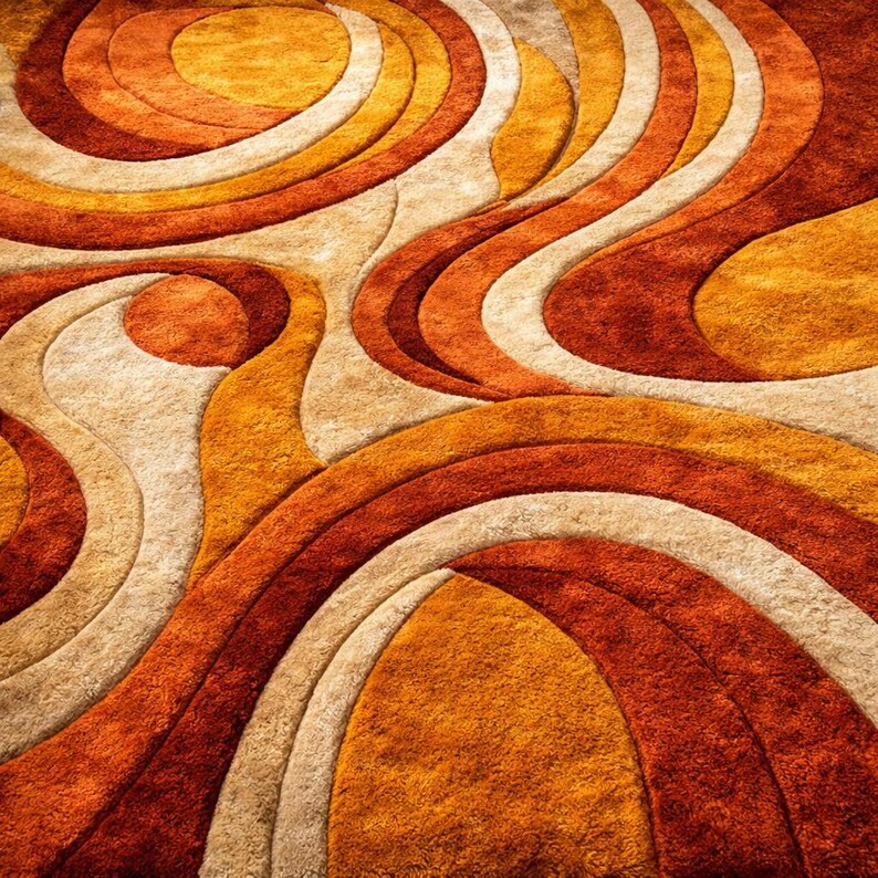 Hand Tufted Wool Shag Rug, Retro 70s Abstract Mid Century Modern Carpet ...
