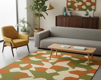Geometric Hand-Tufted Rug | Retro Green, Orange, Cream Carpet
