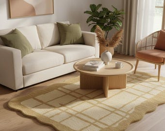 Handgetufteter Teppich in Organischer Form, Neutrales Gittermuster, Japandi Decor