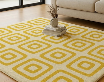 Handmade Wool Area Rug | Mustard Yellow Geometric, Mid-Century Modern