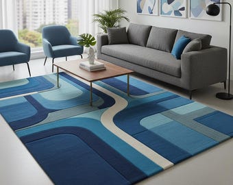 Hand-Tufted Blue Geometric Rug | Retro Abstract Design