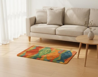 Hand-Tufted Wool Rug – Colorful Fish Design, Coastal Decor