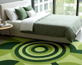 Alfombra redonda de lana tejida a mano / Estilo geométrico verde de mediados de siglo