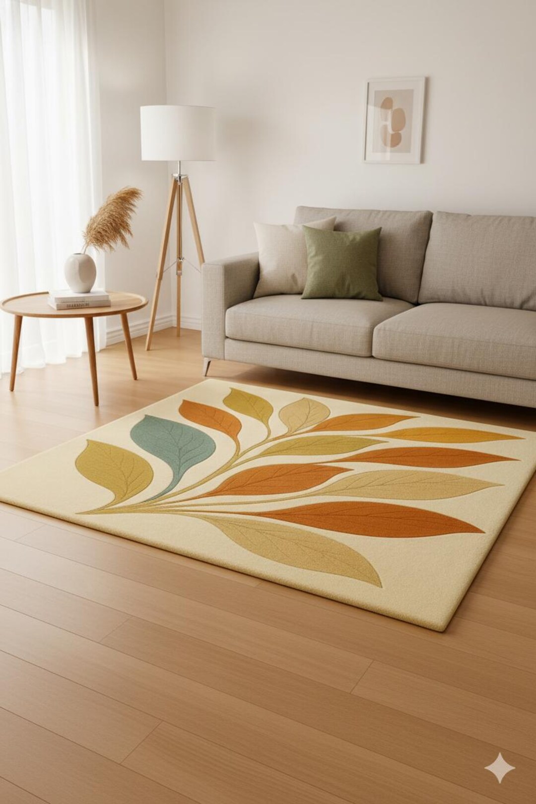 Hand-tufted Wool Rug | Autumn Leaf Design, Beige & Orange - Etsy
