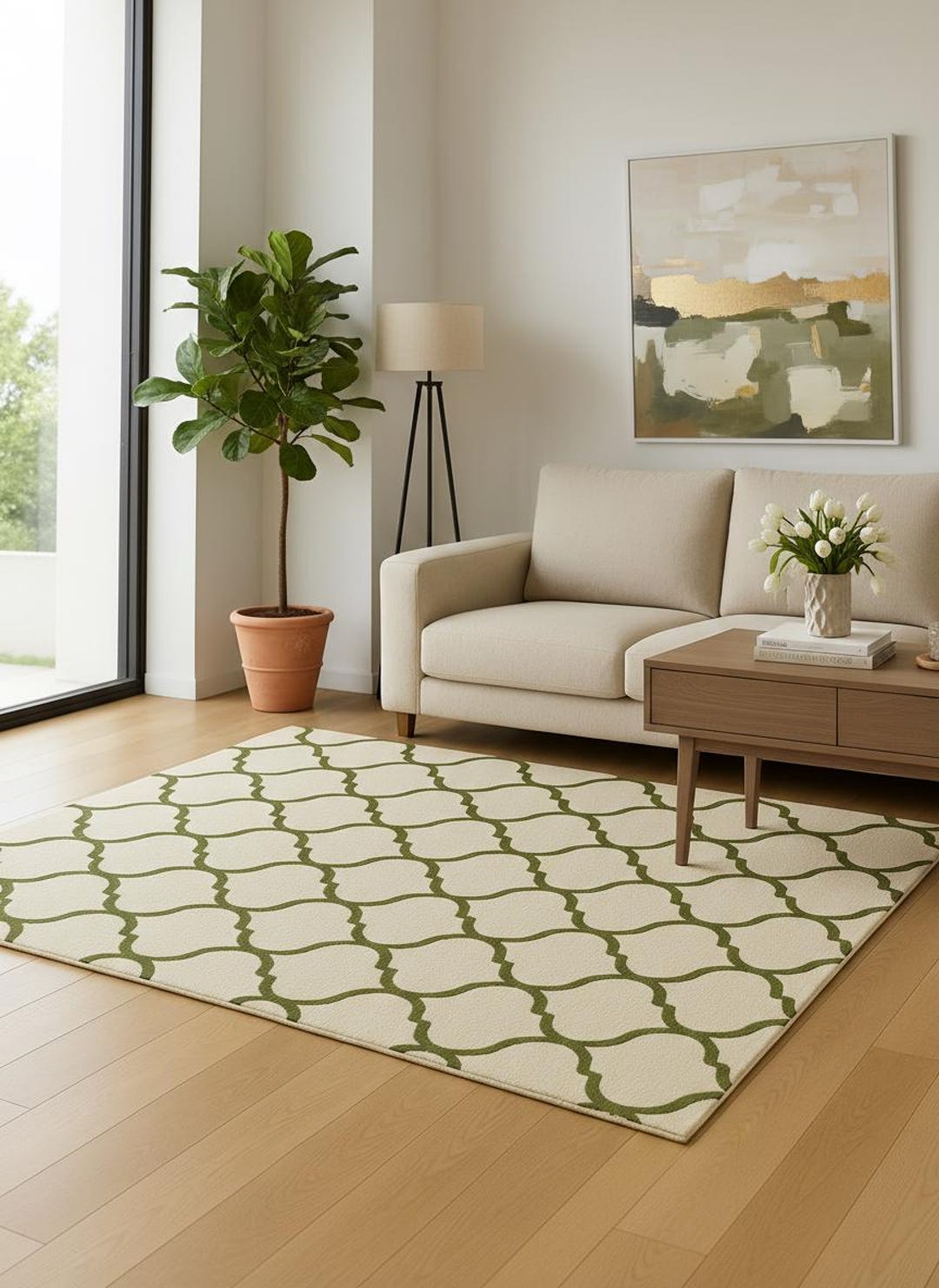 Hand Tufted Wool Rug | Olive Green Trellis, Cream Moroccan Carpet - Etsy