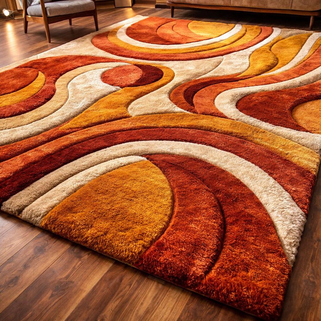 Hand Tufted Wool Shag Rug, Retro 70s Abstract Mid Century Modern Carpet ...