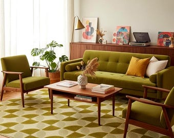 Handmade Mid-Century Modern Olive Green Geometric Rug