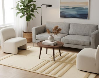 Tappeto testurizzato annodato a mano, beige crema, tappeto scandinavo Japandi