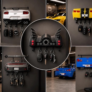 Soporte de pared premium para llaves de coches deportivos, colgador de llaves de coche de carreras con luces traseras brillantes, regalo de decoración para garaje para amantes de los coches.