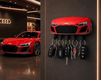 Audi R8 Front Face Wall Key Holder with Glossy Headlights and Details, 3D Car Key Rack, Garage Decor, Car Lover Gift