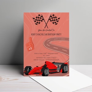 レーシングカーの誕生日パーティー招待状 | F1の誕生日招待状 | ゴーカートの誕生日招待状 | お子様のパーティー招待状 | Canvaでカスタマイズ