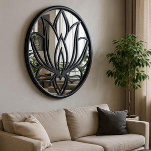 Modern Round Wall Mirror with Wood Lotus Design, Boho Minimalist Decor for Living Room, Entryway, Bedroom, Handmade Customizable Wall Art