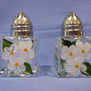 Hand Painted Mini Salt and Pepper Shakers White Daisies Hydrangeas Flowers image 1