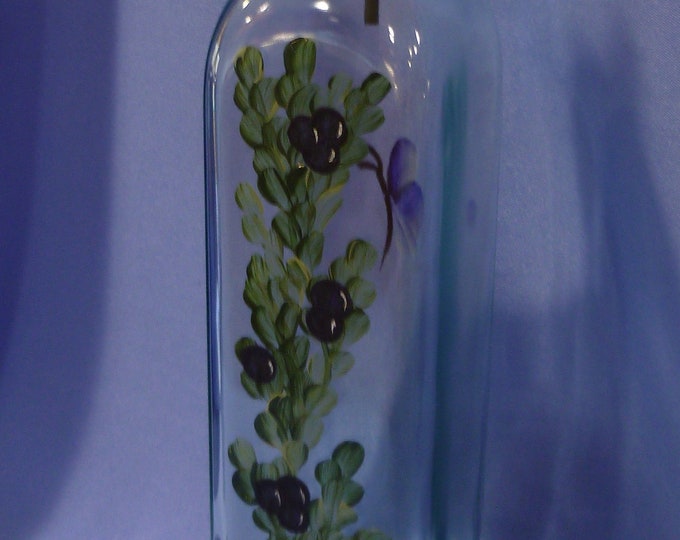 Hand Painted Olive Oil Bottle Dispenser Blue Berries Leaves Vine Butterfly Gift for Dad