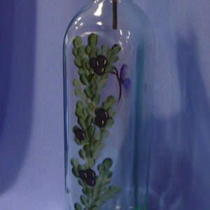 Hand Painted Olive Oil Bottle Dispenser Blue Berries Leaves Vine Butterfly Gift for Dad image 1