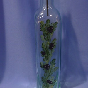 Hand Painted Olive Oil Bottle Dispenser Blue Berries Leaves Vine Butterfly Gift for Dad image 2