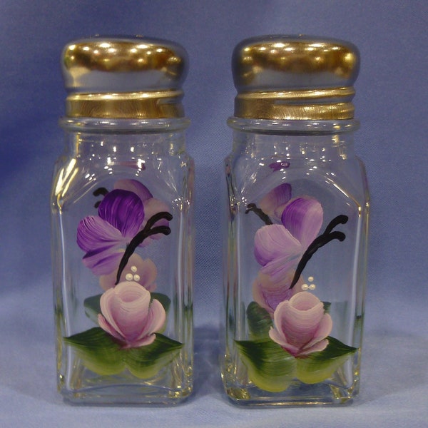 Hand Painted Salt and Pepper Shakers Pink Rose Rosebud Purple Butterfly
