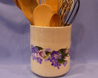 Hand Painted Cream Ceramic Utensil Holder Crock Vase Container Canister Pink Roses Blue Purple Daisies Kitchen Tools