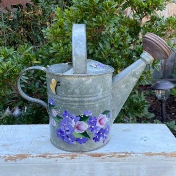 REDUCED - Hand Painted Vintage Metal Galvanized Watering Can Pink Roses Purple White Hydrangeas Daisies Violets Farmhouse Garden Decor