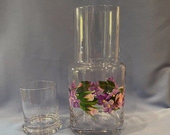 Hand Painted Glass Carafe with Cup Pink Roses Purple Flowers Hydrangeas Violets Mother's Day